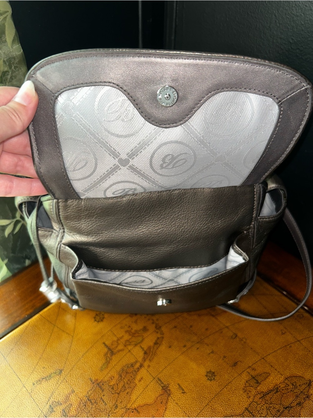 Vintage Brighton Metallic Pewter & Olive Croc Embossed Leather Backpack Handbag. - Picture 16 of 16